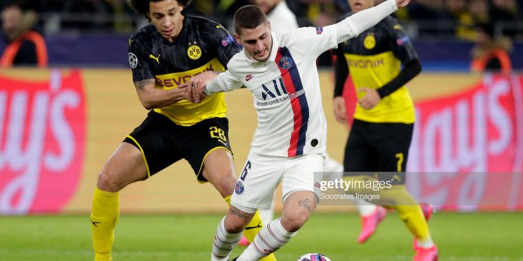 DORTMUND, GERMANY - FEBRUARY 18: (L-R) Axel Witsel of Borussia Dortmund, Marco Verratti of Paris Saint Germain  during the UEFA Champions League  match between Borussia Dortmund v Paris Saint Germain at the Signal Iduna Park on February 18, 2020 in Dortmund Germany (Photo by Erwin Spek/Soccrates/Getty Images)