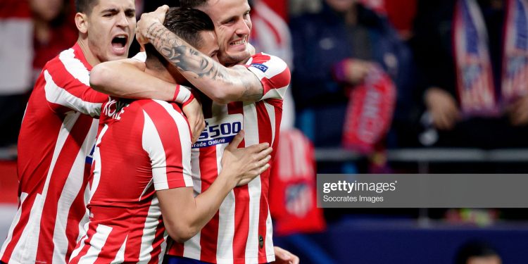 MADRID, SPAIN - FEBRUARY 18: Saul Niguez of Atletico Madrid celebrates 1-0 with Koke of Atletico Madrid, Alvaro Morata of Atletico Madrid  during the UEFA Champions League  match between Atletico Madrid v Liverpool at the Estadio Wanda Metropolitano on February 18, 2020 in Madrid Spain (Photo by David S. Bustamante/Soccrates/Getty Images)