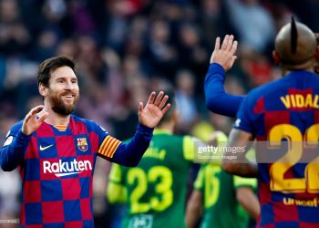 BARCELONA, SPAIN - FEBRUARY 22: Lionel Messi of FC Barcelona celebrates 2-0 during the La Liga Santander  match between FC Barcelona v Eibar at the Camp Nou on February 22, 2020 in Barcelona Spain (Photo by David S. Bustamante/Soccrates/Getty Images)