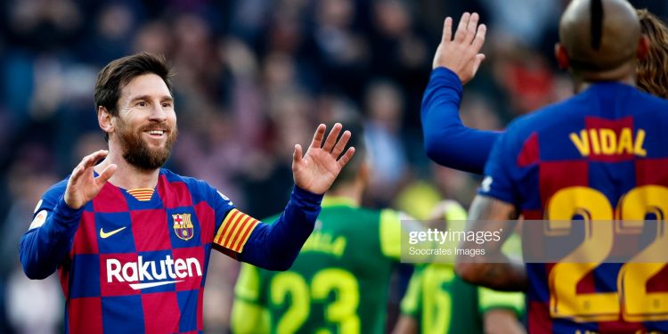 BARCELONA, SPAIN - FEBRUARY 22: Lionel Messi of FC Barcelona celebrates 2-0 during the La Liga Santander  match between FC Barcelona v Eibar at the Camp Nou on February 22, 2020 in Barcelona Spain (Photo by David S. Bustamante/Soccrates/Getty Images)