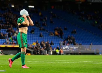 Wolverhampton Wanderers' Portuguese forward Pedro Neto reacts after missing a goal opportunity during the UEFA Europa League round of 32 second leg football match between RCD Espanyol and  Wolverhampton Wanderers at the RCDE Stadium in Cornella de Llobregat on February 27, 2020. (Photo by PAU BARRENA / AFP) (Photo by PAU BARRENA/AFP via Getty Images)