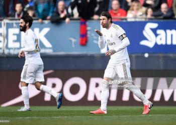 PAMPLONA, SPAIN - FEBRUARY 09: Sergio Ramos of Real Madrid celebrates after scoring his team's second goal during the La Liga match between CA Osasuna and Real Madrid CF at El Sadar Stadium on February 09, 2020 in Pamplona, Spain. (Photo by Juan Manuel Serrano Arce/Getty Images)