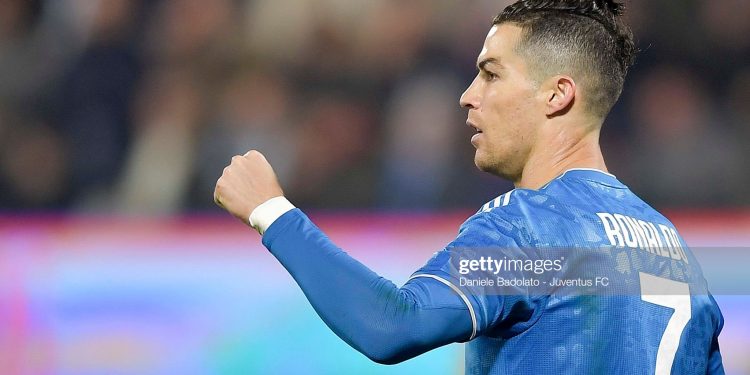 FERRARA, ITALY - FEBRUARY 22: Juventus player Cristiano Ronaldo celebrates after scoring the 0-1 goal during the Serie A match between SPAL and  Juventus at Stadio Paolo Mazza on February 22, 2020 in Ferrara, Italy. (Photo by Daniele Badolato - Juventus FC/Getty Images)