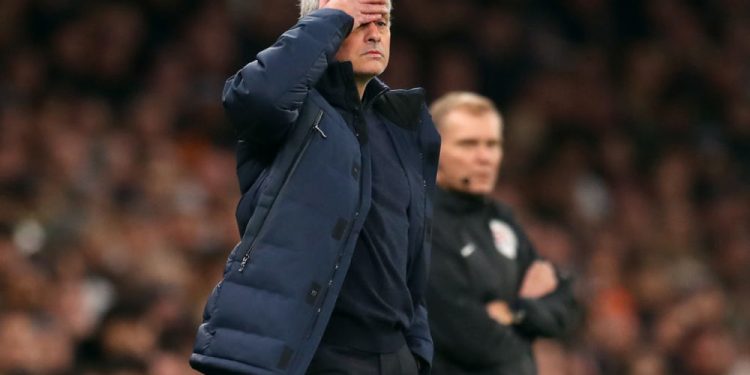 LONDON, ENGLAND - FEBRUARY 02: Jose Mourinho, Manager of Tottenham Hotspur reacts during the Premier League match between Tottenham Hotspur and Manchester City at Tottenham Hotspur Stadium on February 02, 2020 in London, United Kingdom. (Photo by Catherine Ivill/Getty Images)