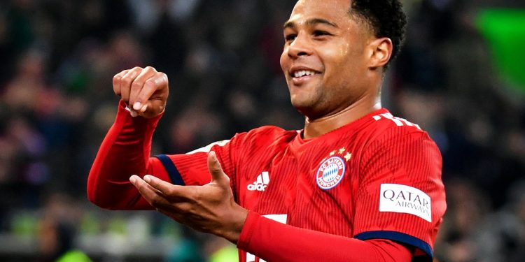 epa07409380 Bayern's Serge Gnabry celebrates after scoring the 4-1 lead during the German Bundesliga soccer match between Borussia Moenchengladbach and FC Bayern Muenchen at Borussia-Park in Moenchengladbach, Germany, 02 March 2019.  EPA-EFE/ULRICH HUFNAGEL CONDITIONS - ATTENTION: The DFL regulations prohibit any use of photographs as image sequences and/or quasi-video.