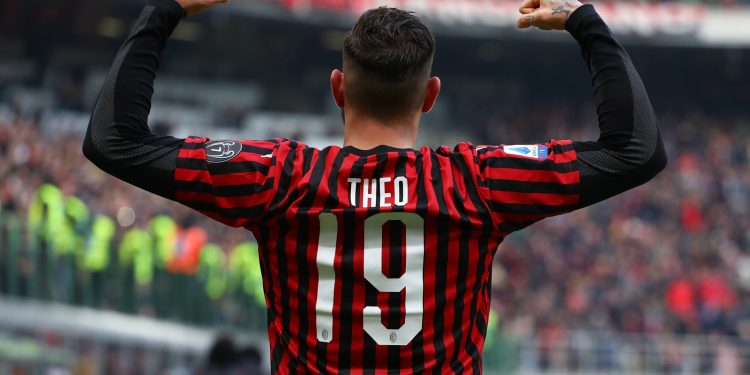 MILAN, ITALY - JANUARY 19:  Theo Hernandez of AC Milan celebrates his goal during the Serie A match between AC Milan and Udinese Calcio at Stadio Giuseppe Meazza on January 19, 2020 in Milan, Italy.  (Photo by Marco Luzzani/Getty Images)