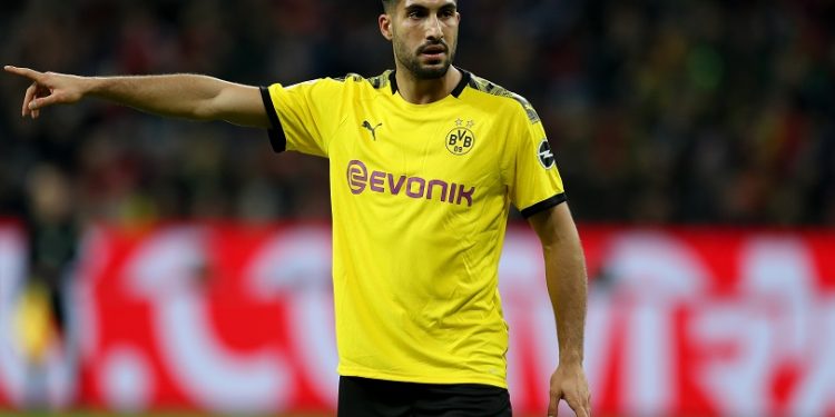 LEVERKUSEN, GERMANY - FEBRUARY 08: Emre Can of Dortmund gestures during the Bundesliga match between Bayer 04 Leverkusen and Borussia Dortmund at BayArena on February 08, 2020 in Leverkusen, Germany. (Photo by Lars Baron/Bongarts/Getty Images)