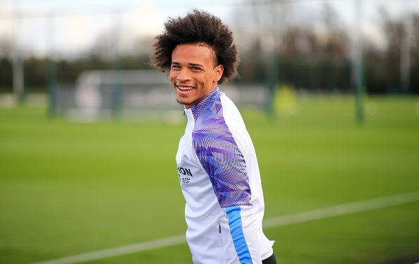 MANCHESTER, ENGLAND - FEBRUARY 17: Manchester City's Leroy Sane in action during training at Manchester City Football Academy on February 17, 2020 in Manchester, England. (Photo by Tom Flathers/Manchester City FC via Getty Images)