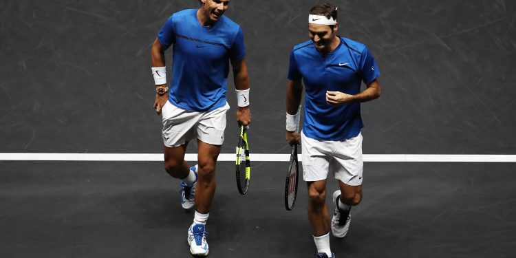 PRAGUE, CZECH REPUBLIC - SEPTEMBER 23:  Roger Federer and Rafael Nadal of Team Europe react during there doubles match against Jack Sock and Sam Querrey of Team World on Day 2 of the Laver Cup on September 23, 2017 in Prague, Czech Republic. The Laver Cup consists of six European players competing against their counterparts from the rest of the World. Europe will be captained by Bjorn Borg and John McEnroe will captain the Rest of the World team. The event runs from 22-24 September.  (Photo by Julian Finney/Getty Images for Laver Cup)