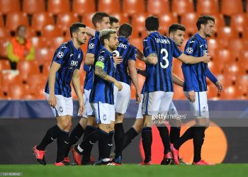 VALENCIA, SPAIN - MARCH 10: Josip Ilicic of Atalanta celebrates with his team to an empty stand after he scores his teams second goal from the penalty spot during the UEFA Champions League round of 16 second leg match between Valencia CF and Atalanta at Estadio Mestalla on March 10, 2020 in Valencia, Spain. (Photo by UEFA Pool/Getty Images)