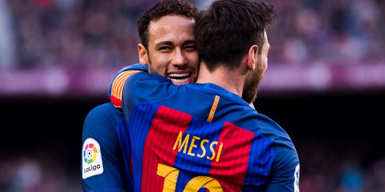 BARCELONA, SPAIN - FEBRUARY 04:  Lionel Messi (R) of FC Barcelona celebrates with his teammate Neymar Santos Jr after scoring his team's second goal during the La Liga match between FC Barcelona and Athletic Club at Camp Nou  stadium on February 4, 2017 in Barcelona, Spain.  (Photo by Alex Caparros/Getty Images)