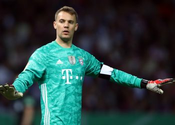 BERLIN, GERMANY - MAY 25: Goalkeeper Manuel Neuer of Muenchen reacts during the DFB Cup final between RB Leipzig and Bayern Muenchen at Olympiastadion on May 25, 2019 in Berlin, Germany. (Photo by Alex Grimm/Bongarts/Getty Images)