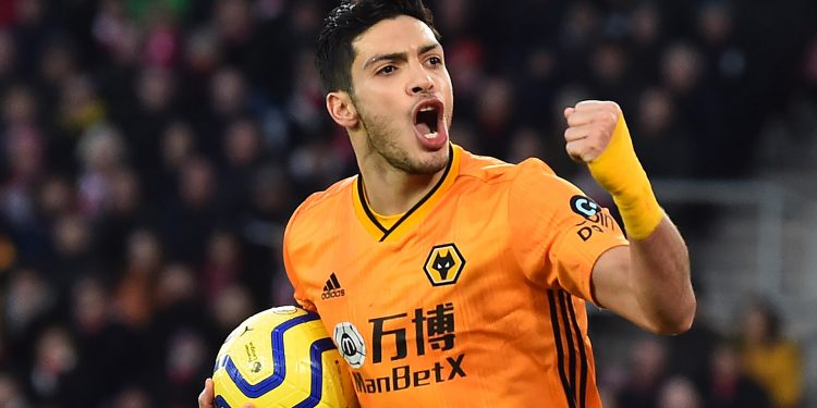 Wolverhampton Wanderers' Mexican striker Raul Jimenez celebrates after he scores the team's second goal during the English Premier League football match between Southampton and Wolverhampton Wanderers at St Mary's Stadium in Southampton, southern England on January 18, 2020. (Photo by Glyn KIRK / AFP) / RESTRICTED TO EDITORIAL USE. No use with unauthorized audio, video, data, fixture lists, club/league logos or 'live' services. Online in-match use limited to 120 images. An additional 40 images may be used in extra time. No video emulation. Social media in-match use limited to 120 images. An additional 40 images may be used in extra time. No use in betting publications, games or single club/league/player publications. /  (Photo by GLYN KIRK/AFP via Getty Images)