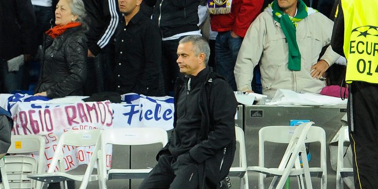 Real Madrid's Portuguese coach Jose Mourinho reacts during the penalty kicks of the UEFA Champions League second leg semi-final football match Real Madrid against Bayern Munich at the Santiago Bernabeu stadium in Madrid on April 25, 2012. Bayern Munich reached the Champions League final beating nine-time champions Real Madrid 3-1 on penalties after the two-legged match finished 3-3 on aggregate. Bastian Schweinsteiger slotted home the winning penalty in a thrilling shootout which saw Bayern lead 2-0 at one point after Cristiano Ronaldo and Kaka missed theirs for Real. AFP PHOTO / DANI POZO        (Photo credit should read DANI POZO/AFP/GettyImages)