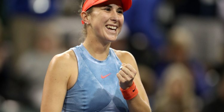 INDIAN WELLS, CALIFORNIA - MARCH 12: Belinda Bencic of Switzerland celebrates her win against Naomi Osaka of Japan during the BNP Paribas Open at the Indian Wells Tennis Garden on March 12, 2019 in Indian Wells, California. (Photo by Matthew Stockman/Getty Images)