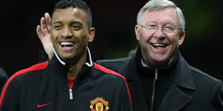 MANCHESTER, ENGLAND - DECEMBER 26:  Sir Alex Ferguson of Manchester United speaks with Nani after the Barclays Premier League match between Manchester United and Wigan Athletic at Old Trafford on December 26, 2011 in Manchester, England.  (Photo by John Peters/Manchester United via Getty Images)