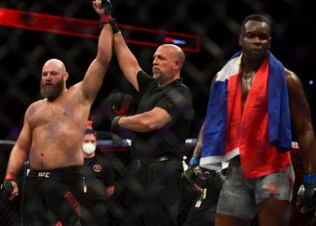 May 13, 2020; Jacksonville, Florida, USA; Ben Rothwell (red gloves) celebrates after defeating Ovince Saint Preux (blue gloves) during UFC Fight Night at VyStar Veterans Memorial Arena. Mandatory Credit: Jasen Vinlove-USA TODAY Sports