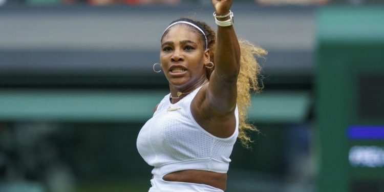 Jul 9, 2019; London, United Kingdom; Serena Williams (USA) reacts during her against Alison Riske (USA) on day eight at the All England Lawn and Croquet Club. Mandatory Credit: Susan Mullane-USA TODAY Sports