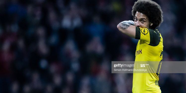 MUNICH, GERMANY - APRIL 06: (EDITORS NOTE: Image has been digitally enhanced.) Axel Witsel of Dortmund is dejected during the Bundesliga match between FC Bayern Muenchen and Borussia Dortmund at Allianz Arena on April 6, 2019 in Munich, Germany. (Photo by Simon Hofmann/Bundesliga/Bundesliga Collection via Getty Images)