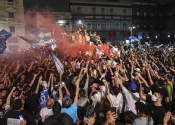 June 18, 2020: Napoli fans celebrate after winning the Coppa Italia final against Juventus FC, in central Naples, Italy. The game was played at the Olympic stadium in Rome. (Credit Image: Global Look Press/Keystone Press Agency)