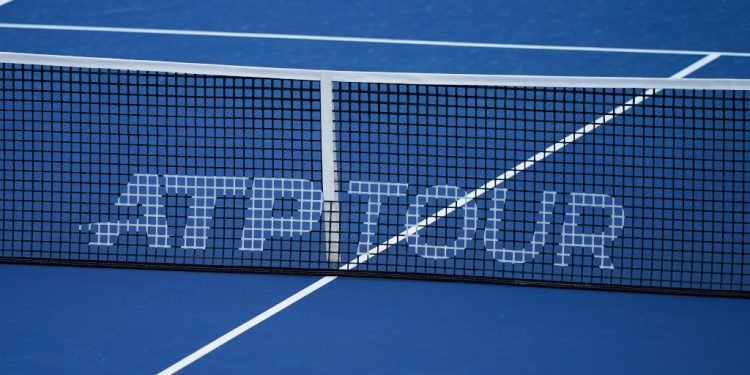 August 17, 2019, Cincinnati, OH, USA: CINCINNATI, OH - AUGUST 17: A detailed view of an ATP TOUR logo on a tennis net during the semifinal round of the Western & Southern Open at Lindner Family Tennis Center on August 17, 2019 in Mason, Ohio. (Photo by Adam Lacy/Icon Sportswire) (Credit Image: © Adam Lacy/Icon SMI via ZUMA Press)