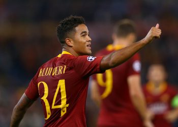 AS Roma v Viktoria Plzen : UEFA Champions League Group G
Justin Kluivert of Roma celebrates after the goal of 4-0 scored at Olimpico Stadium in Rome, Italy on October 2, 2018.
(Photo by Matteo Ciambelli/NurPhoto via Getty Images)