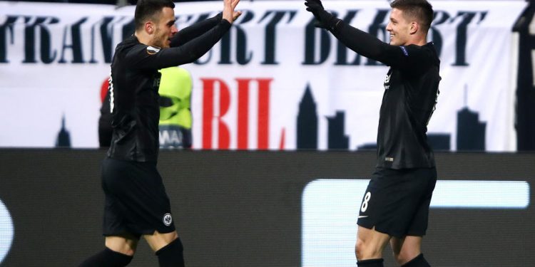 FRANKFURT AM MAIN, GERMANY - NOVEMBER 29: Luka Jovic of Eintracht Frankfurt celebrates after scoring his team's fourth goal with Filip Kostic of Eintracht Frankfurt during the UEFA Europa League Group H match between Eintracht Frankfurt and Olympique de Marseille at Commerzbank-Arena on November 29, 2018 in Frankfurt am Main, Germany.  (Photo by Alex Grimm/Getty Images)