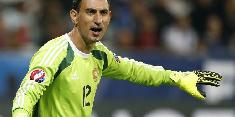NICE, FRANCE - OCTOBER 8: Goalkeeper of Armenia Gevorg Kasparov (R) gestures during the international friendly match between France and Armenia at Allianz Riviera stadium on October 8, 2015 in Nice, France. (Photo by Jean Catuffe/Getty Images)