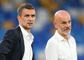 NAPLES, ITALY - JULY 12: Paolo Maldini AC Milan Technical director and Stefano Pioli AC Milan look on coach before the Serie A match between SSC Napoli and  AC Milan at Stadio San Paolo on July 12, 2020 in Naples, Italy. (Photo by Francesco Pecoraro/Getty Images)