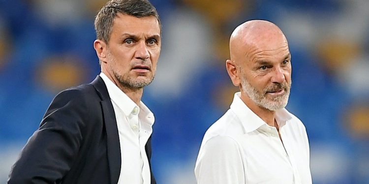 NAPLES, ITALY - JULY 12: Paolo Maldini AC Milan Technical director and Stefano Pioli AC Milan look on coach before the Serie A match between SSC Napoli and  AC Milan at Stadio San Paolo on July 12, 2020 in Naples, Italy. (Photo by Francesco Pecoraro/Getty Images)