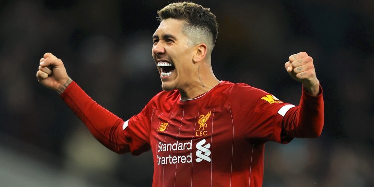 LONDON, ENGLAND - JANUARY 11: Roberto Firmino of Liverpool reacts after his sides victory during the Premier League match between Tottenham Hotspur and Liverpool FC at Tottenham Hotspur Stadium on January 11, 2020 in London, United Kingdom. (Photo by Richard Heathcote/Getty Images)
