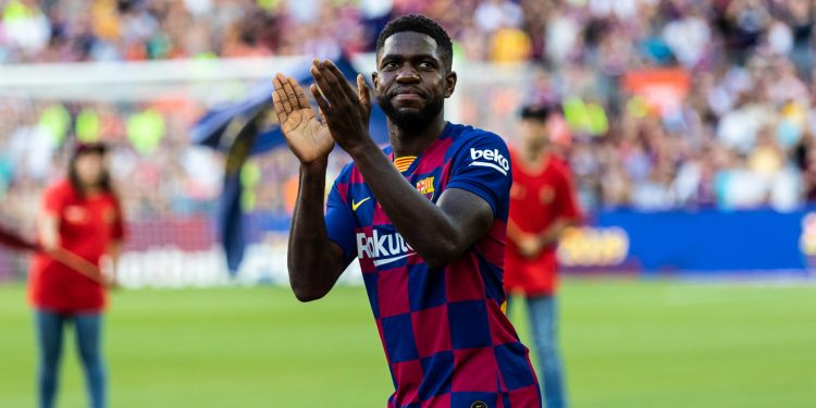 Samuel Umtiti, #23 of Fc Barcelona during the presentation of the team 19-20 between  FC Barcelona  and Arsenal FC at Camp Nou stadium, in Barcelona, Spain, on August 04, 2019. (Credit Image: © AFP7 via ZUMA Wire)