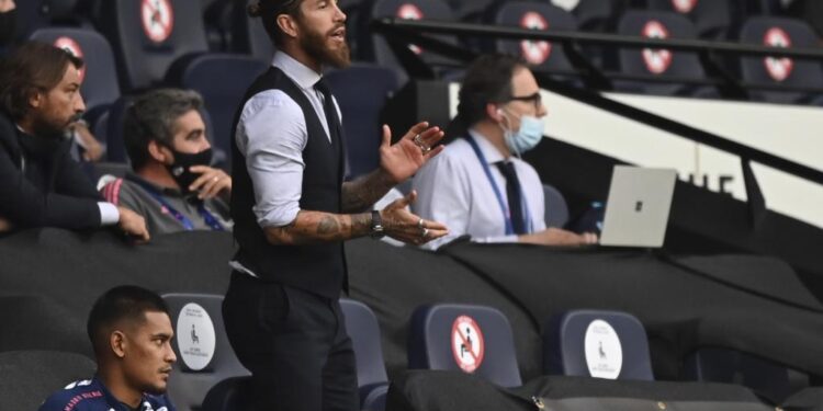 Manchester (United Kingdom), 07/08/2020.- Real Madrid's Sergio Ramos during the UEFA Champions League Round of 16 second leg soccer match between Manchester City and Real Madrid in Manchester, Britain, 07 August 2020. (Liga de Campeones, Reino Unido) EFE/EPA/Shaun Botterill / POOL
