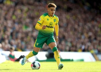 NORWICH, ENGLAND - OCTOBER 05: Max Aarons of Norwich City during the Premier League match between Norwich City and Aston Villa at Carrow Road on October 05, 2019 in Norwich, United Kingdom. (Photo by Stephen Pond/Getty Images)