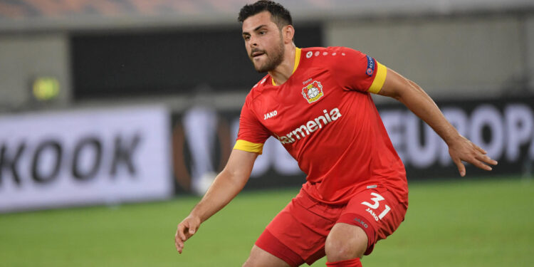 EL INTER MAILAND - BAYER 04 LEVERKUSEN Kevin Volland Bayer 04 Leverkusen 10.08.2020, Fussball, UEFA Europa League, Saison 2019 2020, Finalrunde in Nordrhein Westfalen, Viertelfinale, Inter Mailand - Bayer 04 Leverkusen 2:1, Bild Nr. 20123-7793 Foto: Maik Hoelter / TEAM2sportphoto / POOL Only for Editorial Use Duesseldorf Merkur Spiel Arena Nordrhein Westfalen Deutschland *** EL INTER MAILAND BAYER 04 LEVERKUSEN Kevin Volland Bayer 04 Leverkusen 10 08 2020, Football, UEFA Europa League, Season 2019 2020, Final Round in North Rhine-Westphalia, Quarterfinal, Inter Milan Bayer 04 Leverkusen 2 1, Picture No 20123 7793 Photo Maik Hoelter TEAM2sportphoto POOL Only for Editorial Use Duesseldorf Merkur Spiel Arena Nordrhein Westfalen Germany Poolfoto TEAM2 ,EDITORIAL USE ONLY