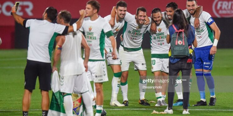 Elche CF players celebration during the La Liga Smartbank, play off LaLiga Santander match between Girona FC and Elche CF at Montivili Stadium on August 23, 2020 in Girona, Spain. (Photo by Bagu Blanco/Pressinphoto/Icon Sport via Getty Images)