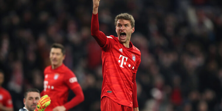 MUNICH, GERMANY - FEBRUARY 05: Thomas Muller of Bayern Munich celebrates after scoring his team's first goal during the DFB Cup round of sixteen match between FC Bayern Muenchen and TSG 1899 Hoffenheim at Allianz Arena on February 05, 2020 in Munich, Germany. (Photo by Christian Kaspar-Bartke/Bongarts/Getty Images)