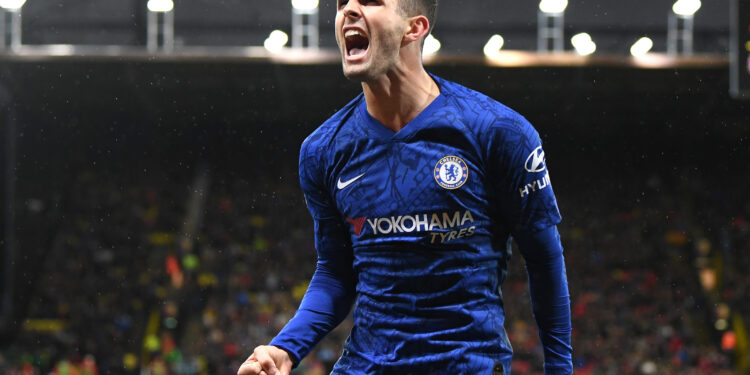WATFORD, ENGLAND - NOVEMBER 02: Christian Pulisic of Chelsea celebrates after scoring his team's second goal during the Premier League match between Watford FC and Chelsea FC at Vicarage Road on November 02, 2019 in Watford, United Kingdom. (Photo by Darren Walsh/Chelsea FC via Getty Images)