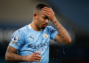 MANCHESTER, ENGLAND - DECEMBER 15: Gabriel Jesus of Manchester City reacts during the Premier League match between Manchester City and West Bromwich Albion at Etihad Stadium on December 15, 2020 in Manchester, England. The match will be played without fans, behind closed doors as a Covid-19 precaution.  (Photo by Clive Brunskill/Getty Images)
