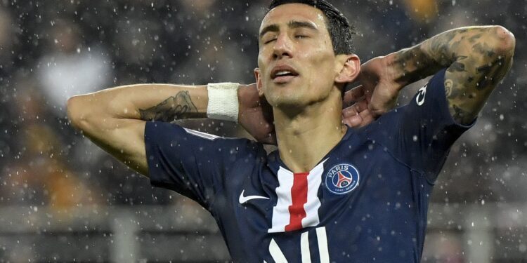 Paris Saint-Germain's Argentine midfielder Angel Di Maria reacts during the French L1 football match between Dijon Football Cote-d'Or (DFCO) and Paris Saint-Germain (PSG) on November 1, 2019, at the Gaston Gerard stadium in Dijon. (Photo by Philippe DESMAZES / AFP) (Photo by PHILIPPE DESMAZES/AFP via Getty Images)
