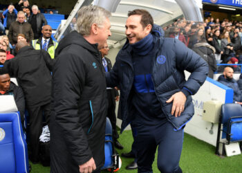 LONDON, ENGLAND - MARCH 08: Frank Lampard, Manager of Chelsea and Carlo Ancelotti, Manager of Everton embrace each other prior to the Premier League match between Chelsea FC and Everton FC at Stamford Bridge on March 08, 2020 in London, United Kingdom. (Photo by Darren Walsh/Chelsea FC via Getty Images)