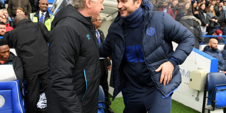 LONDON, ENGLAND - MARCH 08: Frank Lampard, Manager of Chelsea and Carlo Ancelotti, Manager of Everton embrace each other prior to the Premier League match between Chelsea FC and Everton FC at Stamford Bridge on March 08, 2020 in London, United Kingdom. (Photo by Darren Walsh/Chelsea FC via Getty Images)