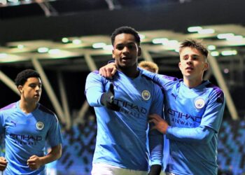 MANCHESTER, ENGLAND - DECEMBER 19: Manchester City's Jayden Braaf  celebrates scoring to make it 2-0 in action during the FA Youth Cup match between Manchester City and Swansea City at Manchester City Football Academy on December 19, 2019 in Manchester, England. (Photo by Tom Flathers/Manchester City FC via Getty Images)