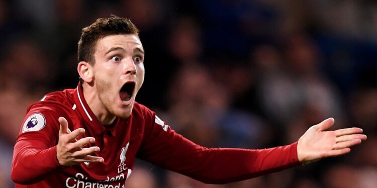 LONDON, ENGLAND - SEPTEMBER 29:  Andy Robertson of Liverpool gestures during the Premier League match between Chelsea FC and Liverpool FC at Stamford Bridge on September 29, 2018 in London, United Kingdom.  (Photo by Shaun Botterill/Getty Images)