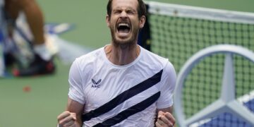 Andy Murray, of Great Britain, reacts after defeating Yoshihito Nishioka, of Japan, during the first round of the US Open tennis championships, Tuesday, Sept. 1, 2020, in New York. (AP Photo/Seth Wenig)/USO175/20245759498088//2009012310
