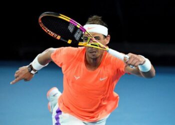 FILE PHOTO: Tennis - Australian Open - Melbourne Park, Melbourne, Australia, February 17, 2021 Spain's Rafael Nadal in action during his quarter final match against Greece's Stefanos Tsitsipas REUTERS/Jaimi Joy/File Photo