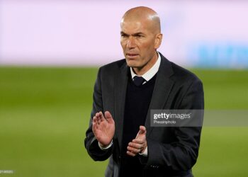 Real Madrid coach Zinedine Zidane  during the Champions League match, 1/4 between Real Madrid and Liverpool played at Alfredo Di Stefano Stadium on April 6, 2021 in Madrid, Spain. (Photo by Ruben Albarran/Pressinphoto/Icon Sport via Getty Images)