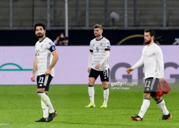 DUISBURG, GERMANY - MARCH 31: (BILD ZEITUNG OUT) Ilkay Guendogan of Germany, Timo Werner of Germany and Amin Younes of Germany looks dejected during the FIFA World Cup 2022 Qatar qualifying match between Germany and North Macedonia on March 31, 2021 in Duisburg, Germany. (Photo by Alex Gottschalk/DeFodi Images via Getty Images)