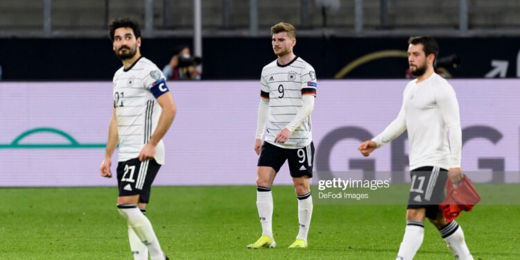 DUISBURG, GERMANY - MARCH 31: (BILD ZEITUNG OUT) Ilkay Guendogan of Germany, Timo Werner of Germany and Amin Younes of Germany looks dejected during the FIFA World Cup 2022 Qatar qualifying match between Germany and North Macedonia on March 31, 2021 in Duisburg, Germany. (Photo by Alex Gottschalk/DeFodi Images via Getty Images)