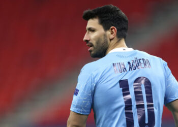 BUDAPEST, HUNGARY - MARCH 16: Sergio Aguero of Manchester City looks on during the UEFA Champions League Round of 16 match between Manchester City and Borussia Moenchengladbach at Puskas Arena on March 16, 2021 in Budapest, Hungary. Manchester City face Borussia Moenchengladbach at a neutral venue in Budapest behind closed doors to prevent the spread of Covid-19 variants. (Photo by Manchester City FC/Manchester City FC via Getty Images)